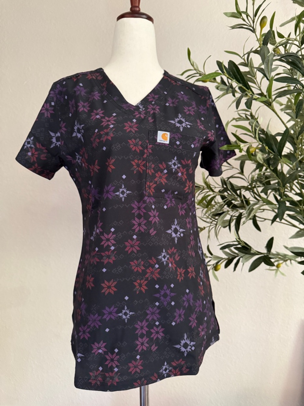 Carhartt Black Floral V-Neck Short Sleeve Top with Purple & Red Accents